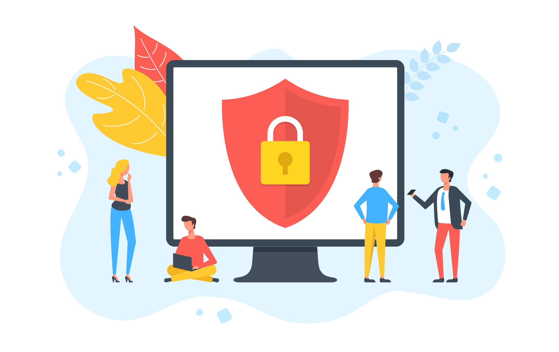 Data security. People and computer with shield and lock. Computer security, data protection, privacy, digital information safety, cybersecurity concepts. Modern flat design. Vector illustration Data security. People and computer with shield and lock. Computer security, data protection, privacy, digital information safety, cybersecurity concepts. Modern flat design. Vector illustration