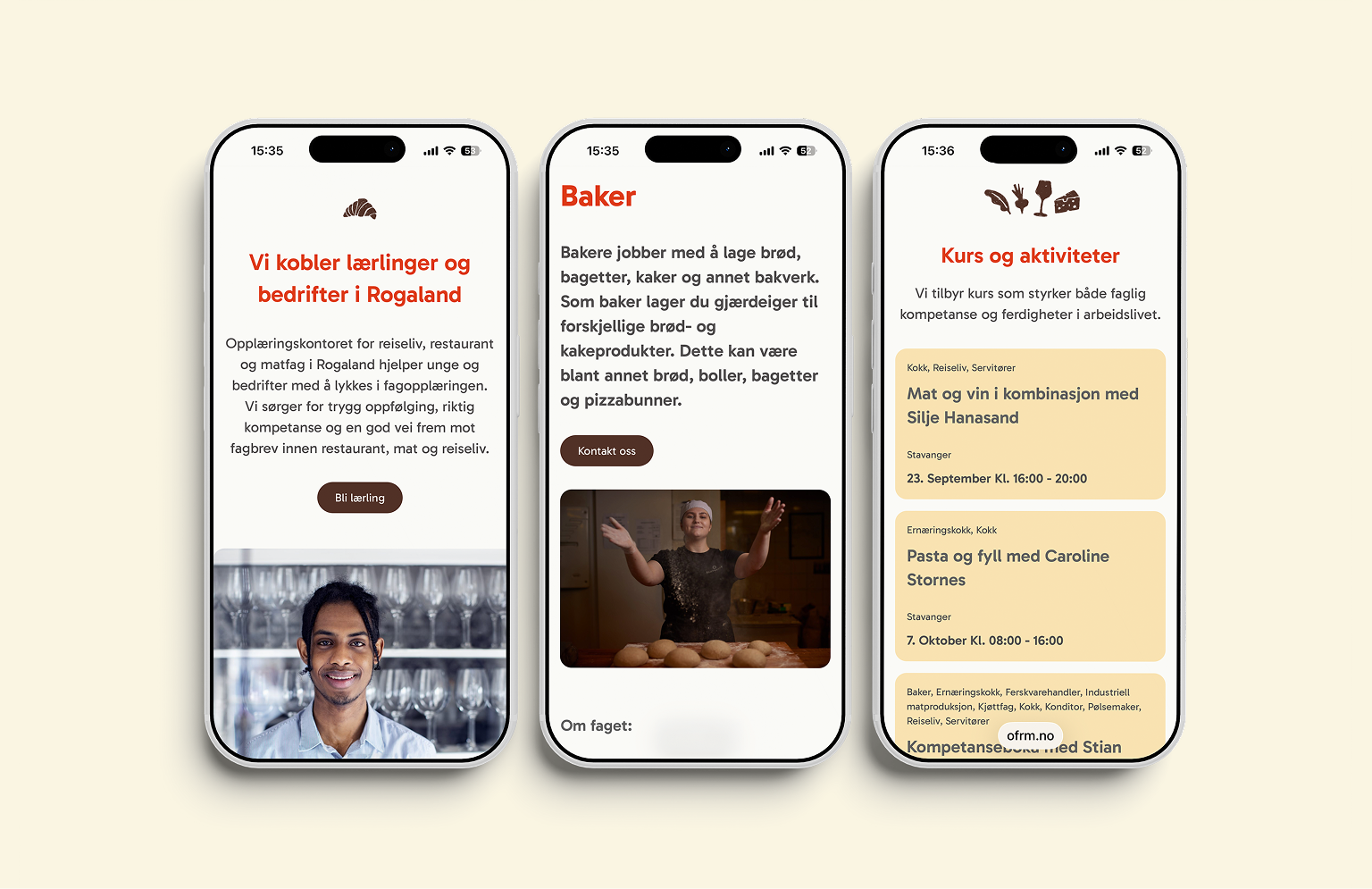Bilde av tre iPhone`er med ulike sider fra form.no på skjermene