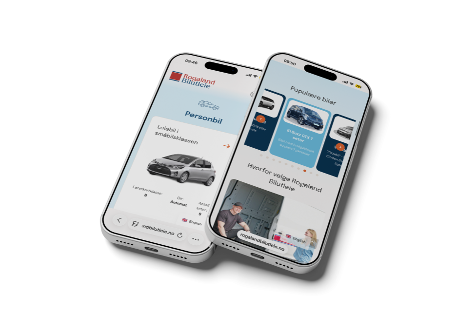 Skjermbilder av Rogaland Bilutleie sin nettside vist på mobil, med bilkategorier og produktside for personbil